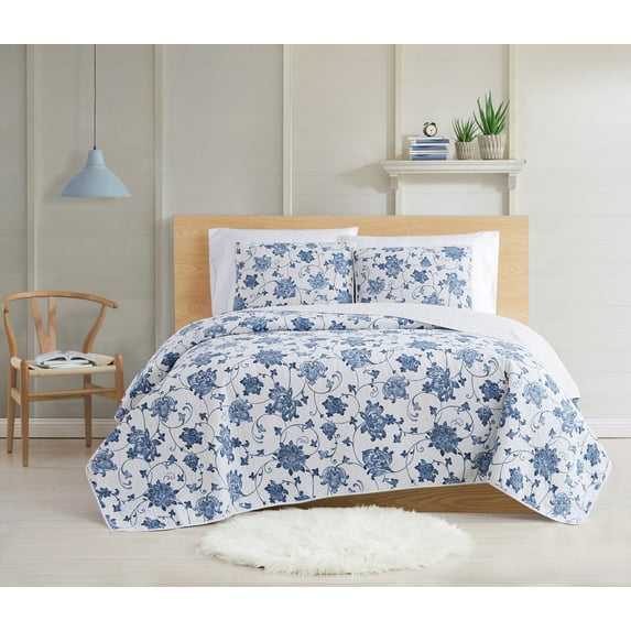 Cottage Classics Estate Bloom Blue Cotton 3-Piece Full/Queen Quilt Set, floral themed, for Men and Women, OEKO-TEX Certified Confidence