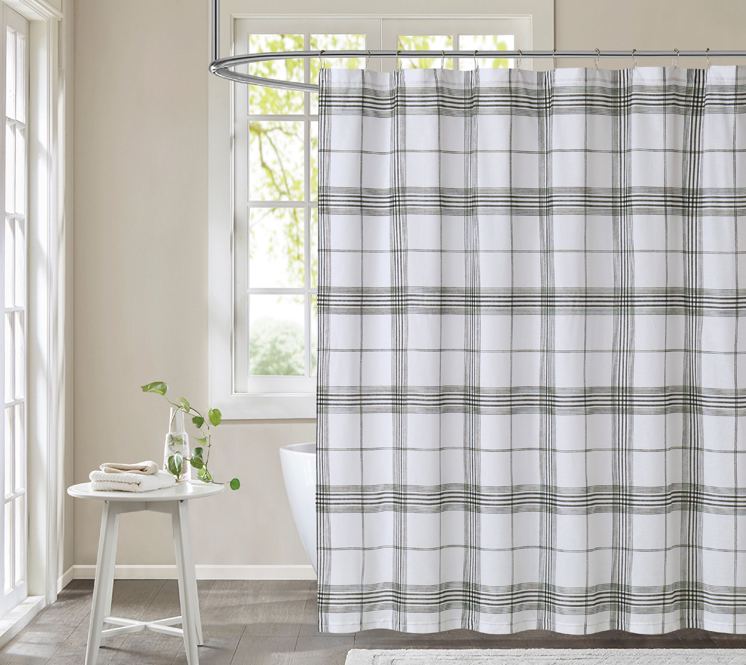 Pine Green and White Plaid Cotton Blend Shower Curtain 72x72