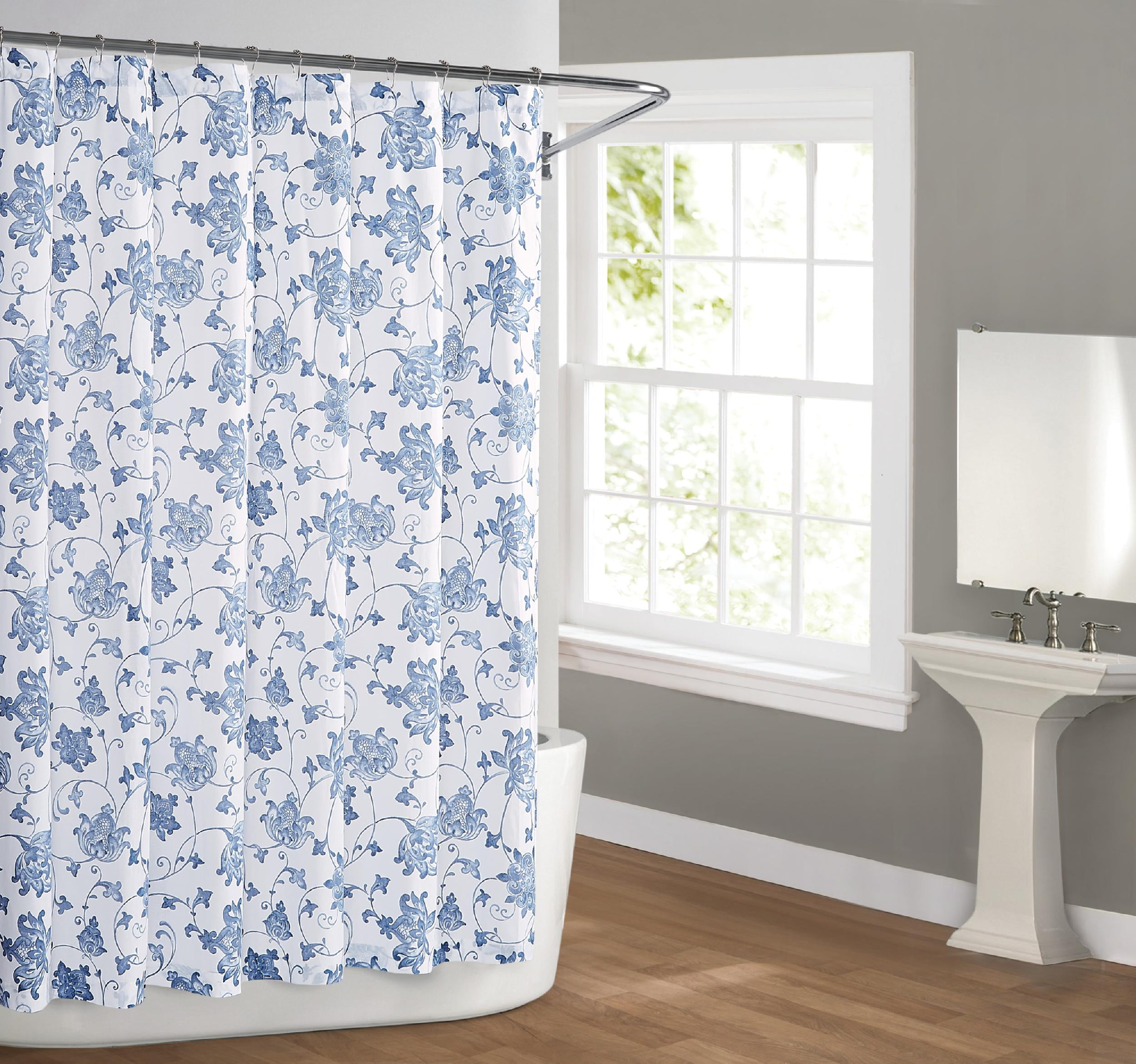 Standard Blue and White Floral Cotton Tub Curtain