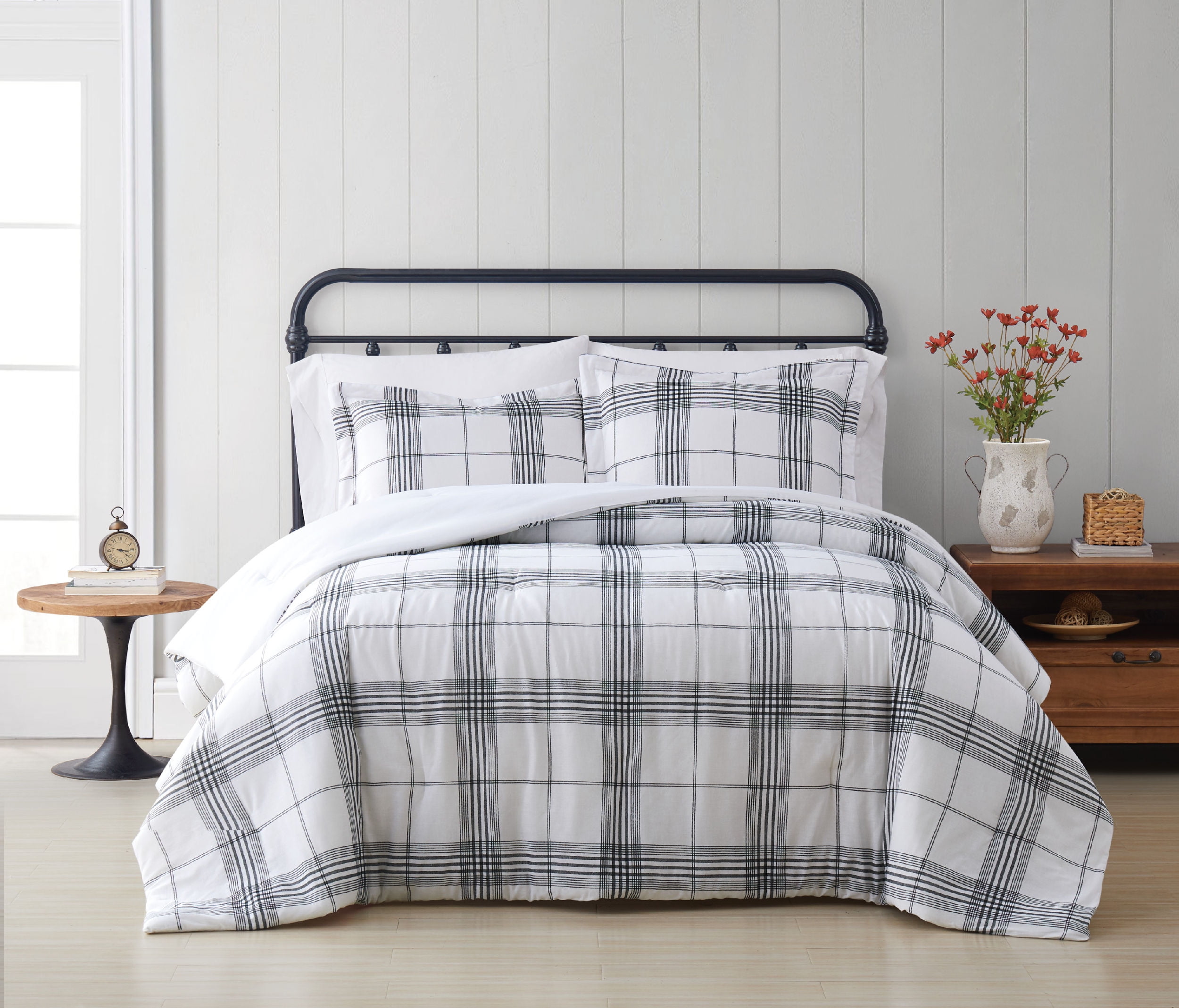 White and Black Plaid Cotton Twin Comforter Set