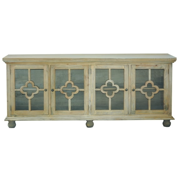 Cottage Clover Glass Door Credenza Driftwood Brown Solid Wood Display Cabinet