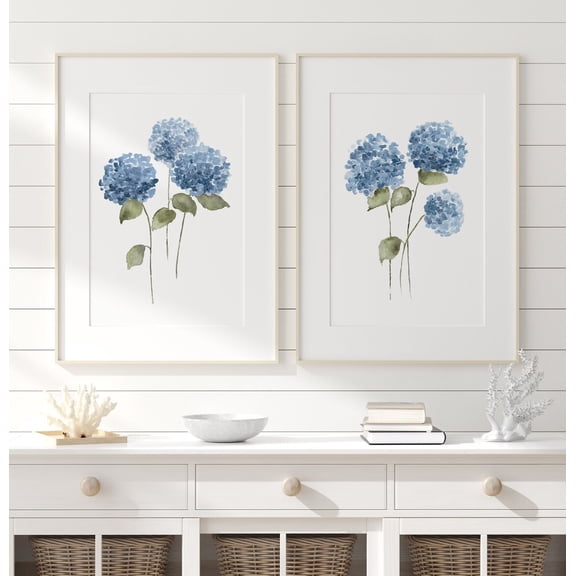 Cottage Coastal Floral Blue Hydrangea Wall Art Set 2 Stretched Canvas 12x18