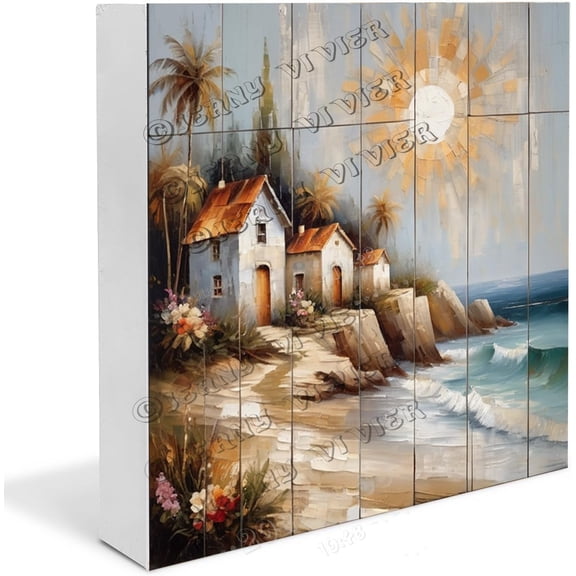 Cottage Coastal Landscape Wooden Box Sign Gifts for Women and Men Funny Cafes Decor Rustic Wood Cabin Farmhouse Desk Decor Small Wooden Plaque Decor Wood Block Signs For Shelf 5x5 In