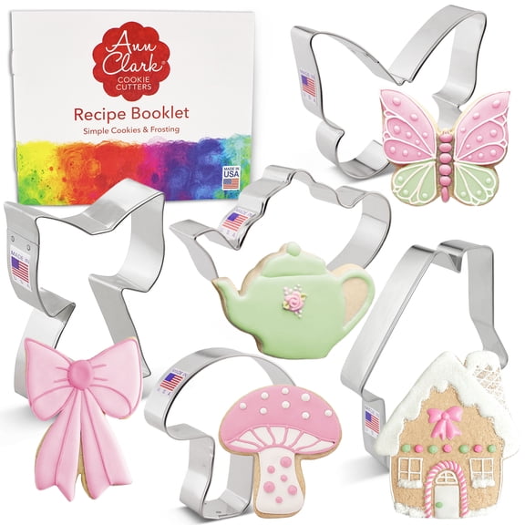 Cottage Core Cookie Cutters 5-Pc. Set Made in the USA by Ann Clark, Mushroom, Bow, Cozy Cottage, Teapot, Butterfly