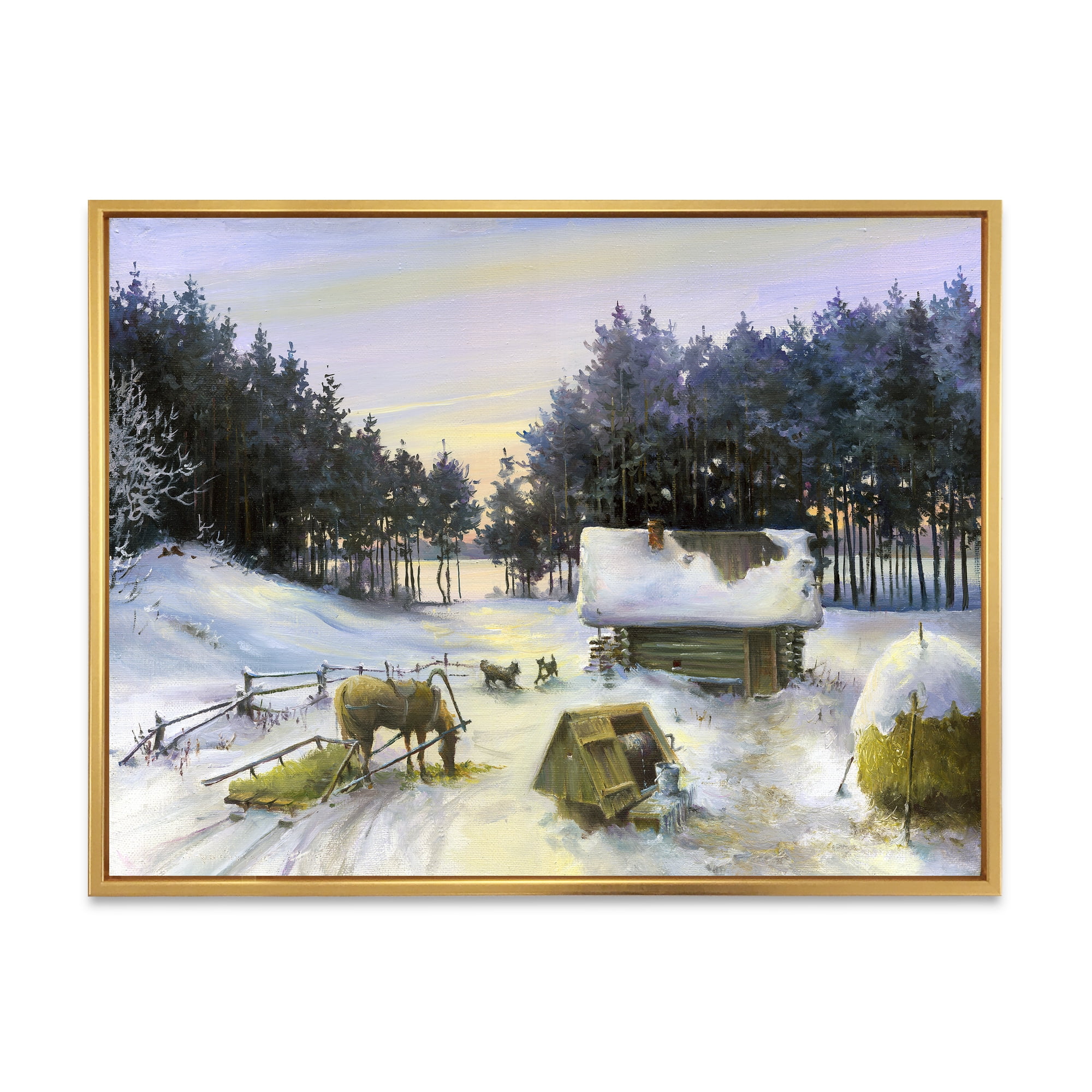 Cottage Covered In Snow With Winterscene 40 in x 30 in Framed Photography Canvas Art Print, by Designart