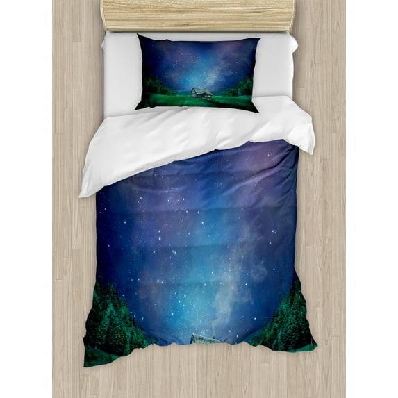 Cottage Duvet Cover Set, Cabin in Valley on Grass with Pine Forest and Starry Magic Night Sky, Decorative 2 Piece Bedding Set with 1 Pillow Shams, Twin Size, Indigo and Hunter Green, by Ambesonne
