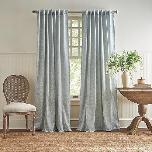 Cottage Floral Jacquard Room Darkening Lined Rod Pocket/Back Tab Window Curtain Panel Pair, 95", Light Blue
