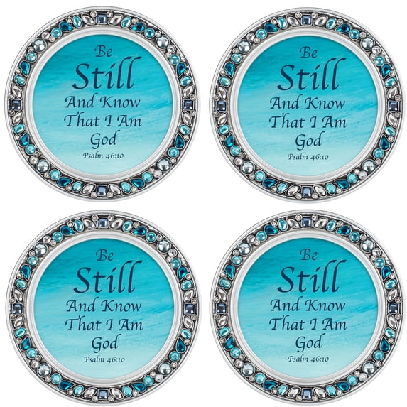Cottage Garden Be Still and Know Aqua Silvertone 4.5 Inch Jeweled Coaster Set of 4