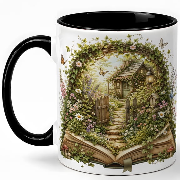 Cottage Garden Book Coffee Mug, Floral Arch Storybook Woodland Design, 11 oz Ceramic Cup