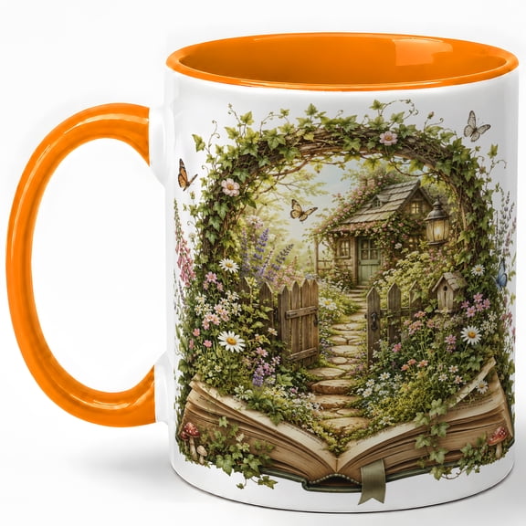 Cottage Garden Book Coffee Mug, Floral Arch Storybook Woodland Design, 11 oz Ceramic Cup
