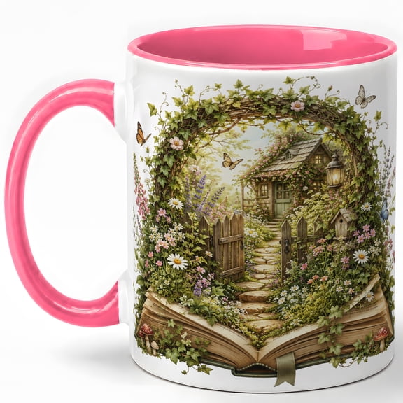 Cottage Garden Book Coffee Mug, Floral Arch Storybook Woodland Design, 11 oz Ceramic Cup