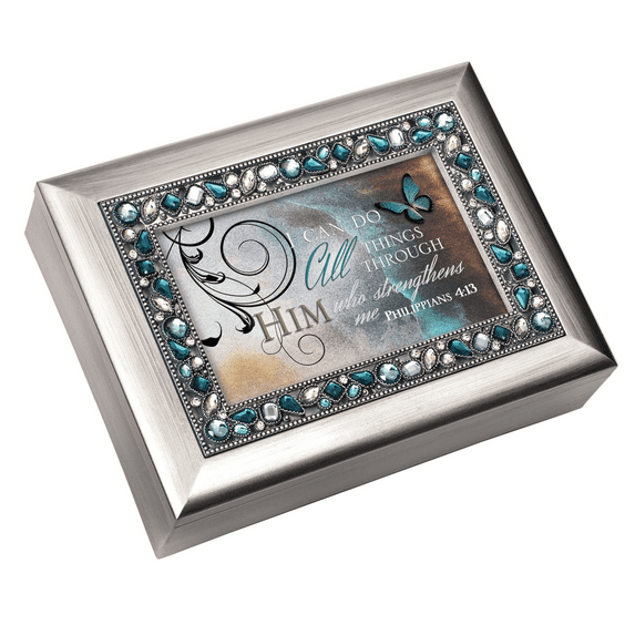 Cottage Garden Can Do All Things Through Him Brushed Silvertone Jewelry Music Box Plays On Eagle's Wings