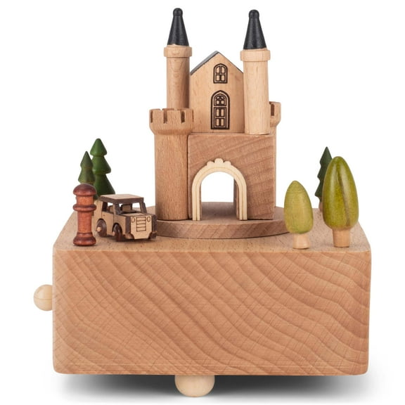 Cottage Garden Castle Car Woodgrain 6 inch Beech Wind-Up Musical Figurine
