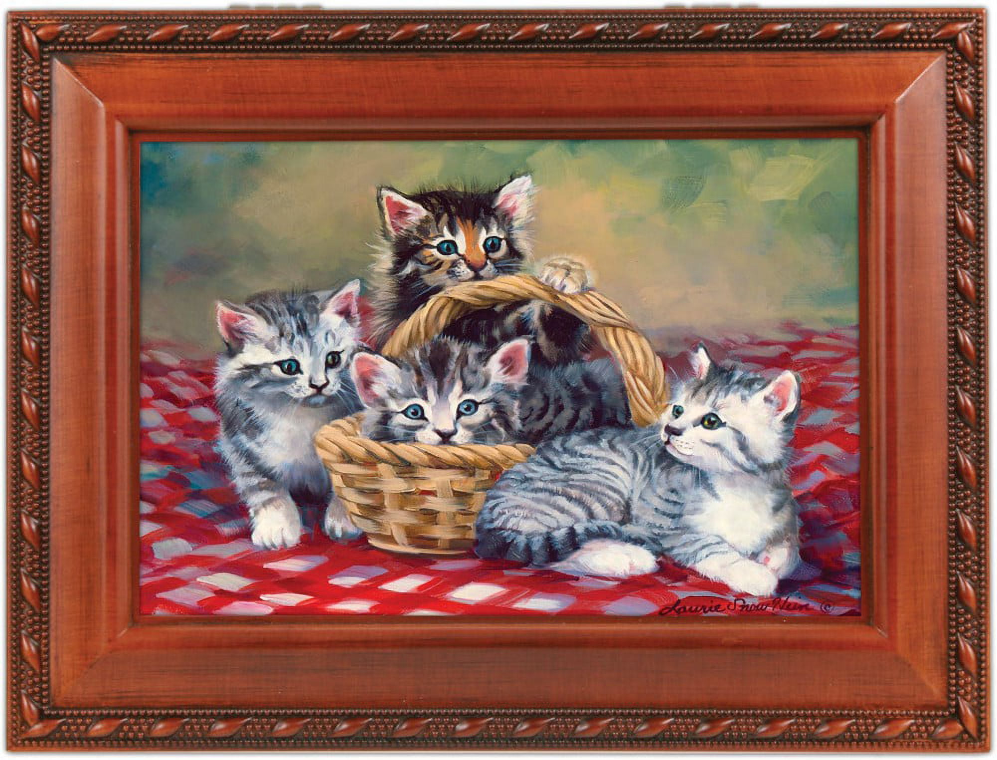 COTTAGE GARDEN Cats Grey Brown Kittens in Basket Woodgrain Rope Trim Jewelry Music Box Plays You Are My Sunshine