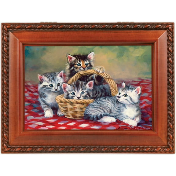 Cottage Garden Cats Grey Brown Kittens in Basket Woodgrain Rope Trim Jewelry Music Box Plays You Are My Sunshine
