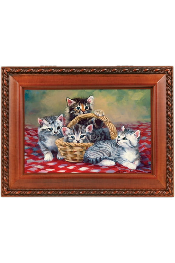 Cats Grey Brown Kittens in Basket Woodgrain Rope Trim Jewelry Music Box Plays You Are My Sunshine