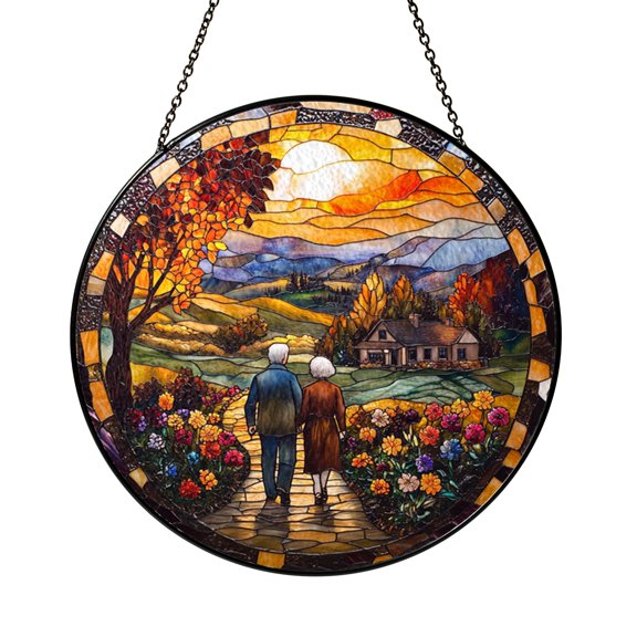 Cottage Garden Couple Sunset Stained Glass Suncatcher – Window Hanging Art