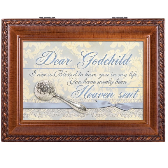 Cottage Garden - Dear Godchild So Blessed to Have You Woodgrain Rope Trim Jewelry Music Box Plays Jesus Loves Me