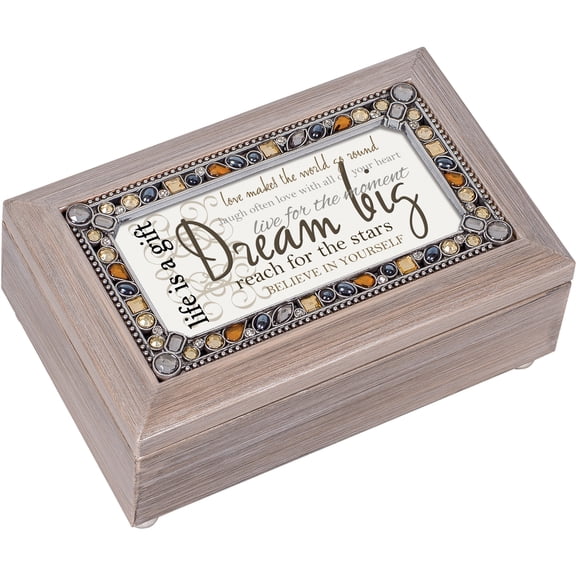 Cottage Garden - Dream Big Believe in Yourself Brushed Pewter Jewelry Music Box Plays Edelweiss