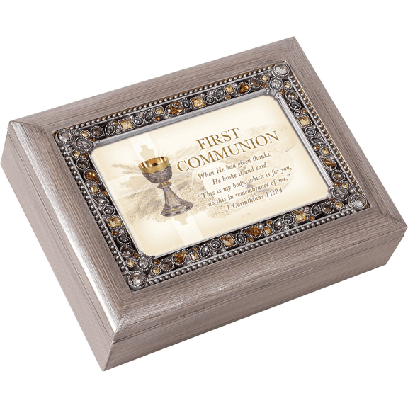 Cottage Garden First Communion Do in Remembrance Brushed Pewter Jewelry Music Box Plays On Eagle's Wings