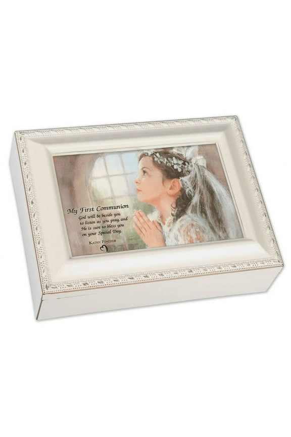 Cottage Garden First Communion Girl Ivory Jewelry Music Box Plays Tune Ave Maria