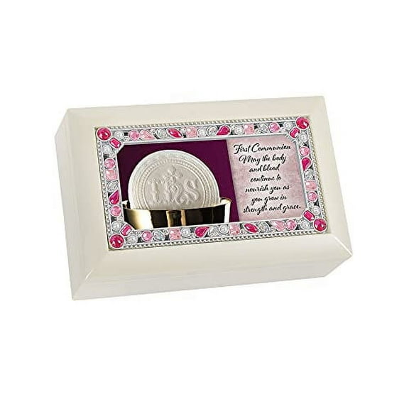 Cottage Garden First Communion Ivory Wood Jeweled Music Box Plays Jesus Loves Me