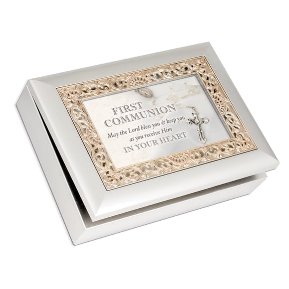Cottage Garden - First Communion May The Lord Bless Silvertone Gold Inlay Jewelry Music Box Plays Amazing Grace