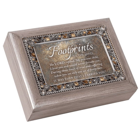 Cottage Garden Footprints in The Sand Precious Child Brushed Pewter Jewelry Music Box Plays Amazing Grace