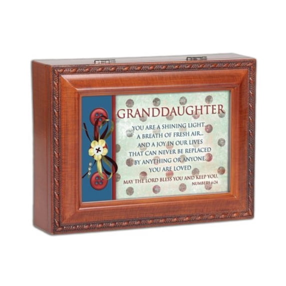 Cottage Garden Granddaughter Shining Light Woodgrain Rope Trim Jewelry Music Box Plays Jesus Loves Me