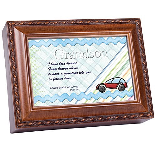 Cottage Garden Grandson Blessed Heaven Woodgrain Rope Trim Jewelry Music Box Plays Jesus Loves Me