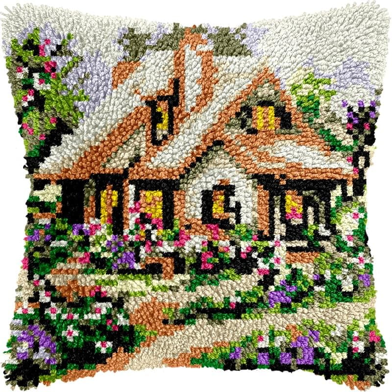 Cottage Garden House Latch Hook Pillow Kits Pillow Cover Pattern Printed Canvas Crochet Cross Stich Hooking Pillowcase Cushion Crafts Embroidery Latch Hooking Crochet Kits Set 17x17 inch(52)