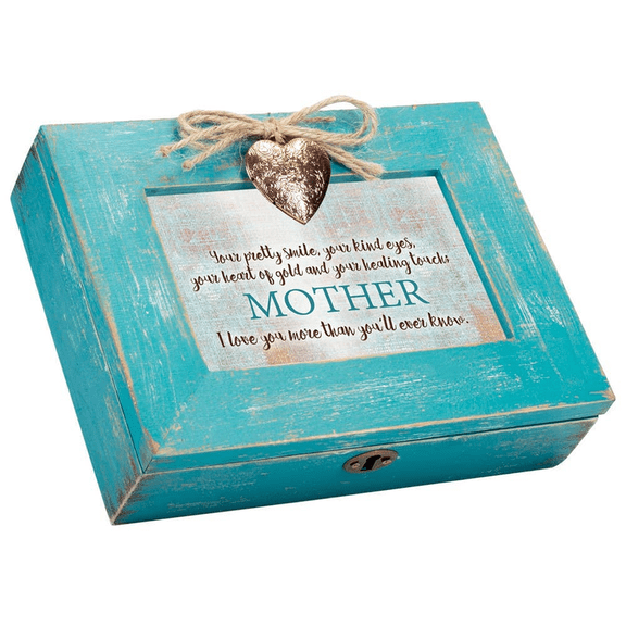 Cottage Garden Kind Eyes Heart of Gold Teal Distressed Jewelry Music Box Plays Wind Beneath My Wings