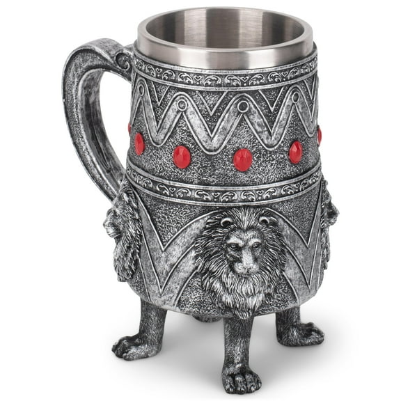 Cottage Garden Lion Antique Silver Jeweled 14 ounce Resin Goblet Chalice Mug