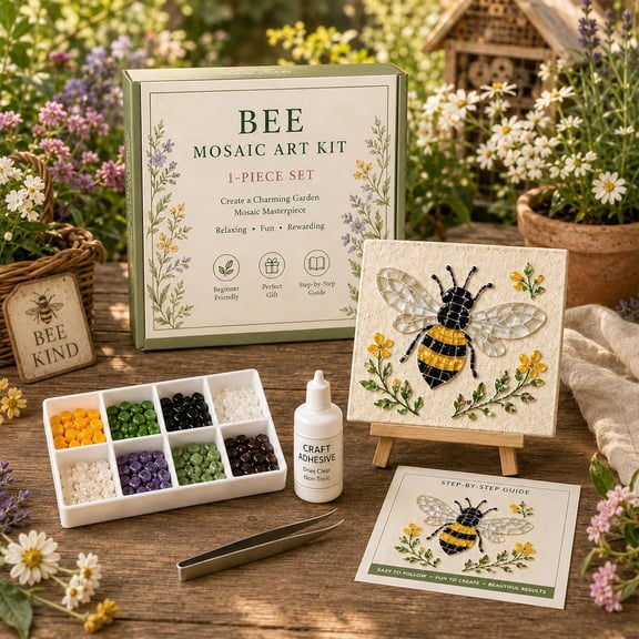 Cottage Garden Mosaic DIY Kit, Watering Can Mosaic Art Kit for Adults and Beginners, Relaxing Craft Hobby Set with Vibrant Beads, Glue, Tweezers and Display Easel，Bee