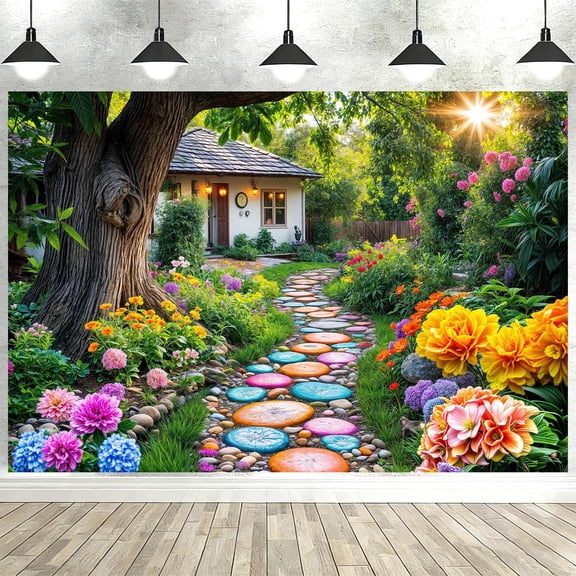 Cottage Garden Path Backdrop, Vibrant Floral Yard Photography Background with Colorful Stepping Stones & Cozy Cottage, Nature Themed Banner for Spring Weddings, Baby Showers & Rustic Events