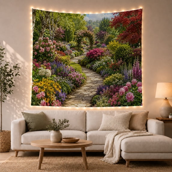 Cottage Garden Path Toward a Leafy Arch, Serene Digital Art for Nature Lovers, Floral Home Decor, Housewarming Gift, Tapestry Wall Hanging for Bedroom and Living Room