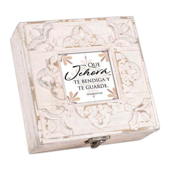 Cottage Garden Que Jehova Te Bendiga Y 6 x 6 x 2.25 Inch, Durable MDF Petite Fleur De Lis Carved Pale Blush Pink Memory Keepsake Music Box, Plays Music of Amazing Grace