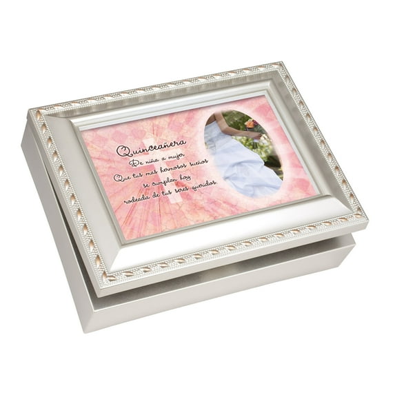 Cottage Garden Quinceañera De Niña a Mujer Pink Cross Silvertone Rope Trim Jewelry Music Box Plays Wind Beneath My Wings