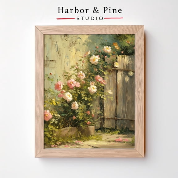 Cottage Garden Wall Art Pink Roses on Rustic Fence, Unframed Paper Poster 11x14in