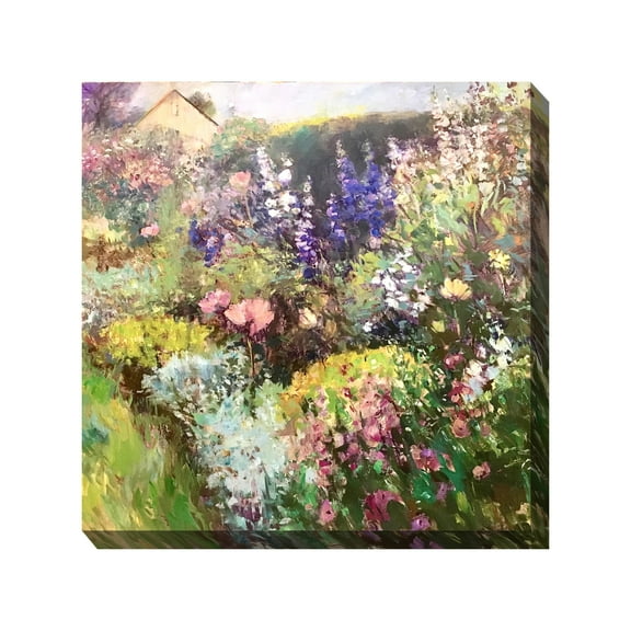 Cottage Garden West of The Wind Heirloom Garden Colorful 24 x 24 Inch Waterproof Gallery Wrapped Canvas, Outdoor Garden, Yard, Patio All Weather Hanging Picture Artwork