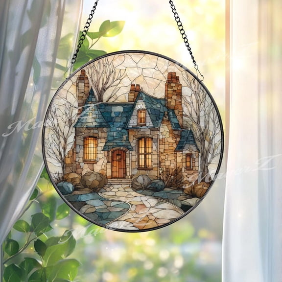 Cottage Glass Suncatcher, Cozy Home Window Art, Fairytale House Rustic Country, 3.5 in