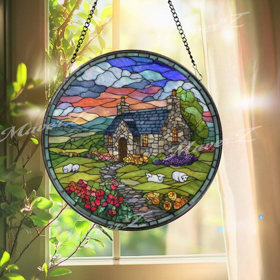Cottage Glass Suncatcher, Round Country House Window Panel, Sheep and Garden, 3.5 in