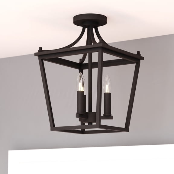 Cottage Grove 11 in. Matte Black Traditional Open Cage Lantern Semi-Flush Mount Ceiling Light for Foyer