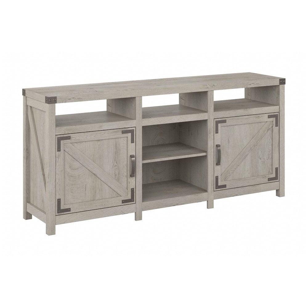 Cottage White Farmhouse TV Stand with Cabinets and Shelves
