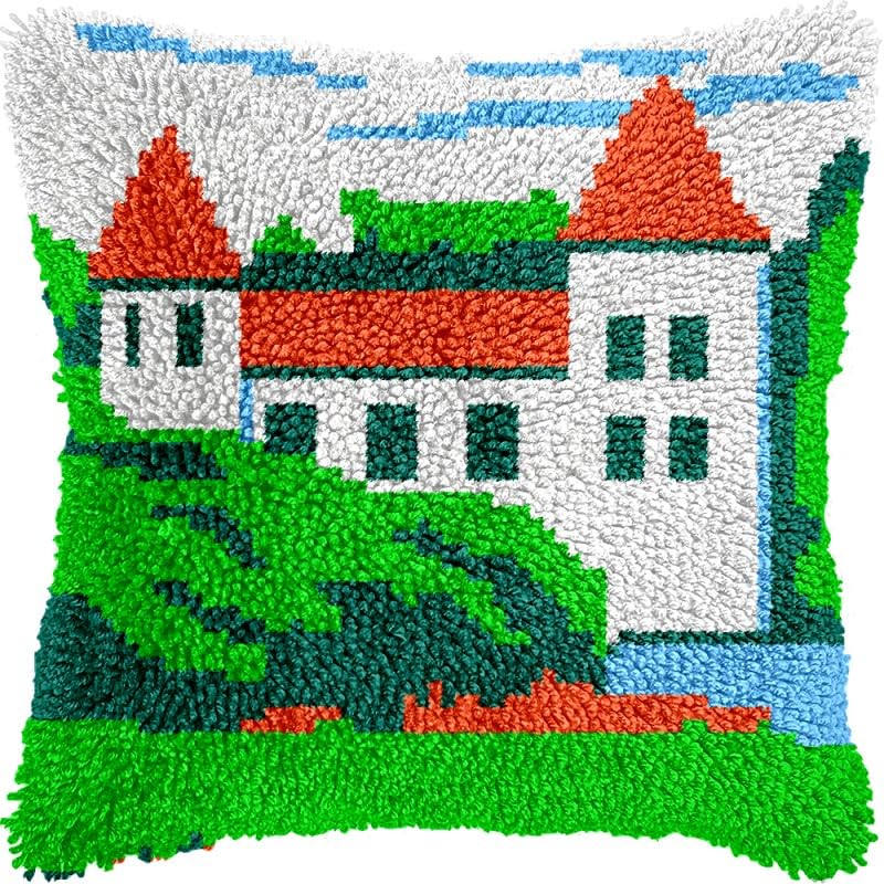 Cottage House Latch Hook Pillows Kits Cushion Pillow Cover with Pattern Printed Canvas Sofa Hooking Pillowcase Crafts Embroidery Latch Hooking Crochet Kits Set 17x17 inch(1)