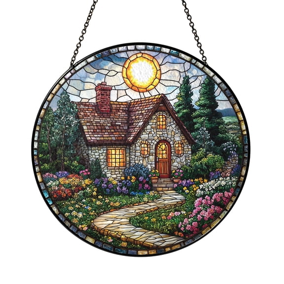 Cottage House Stained Glass Style Suncatcher, Cozy Home Window Hanging for Charming Housewarming or Garden Decor