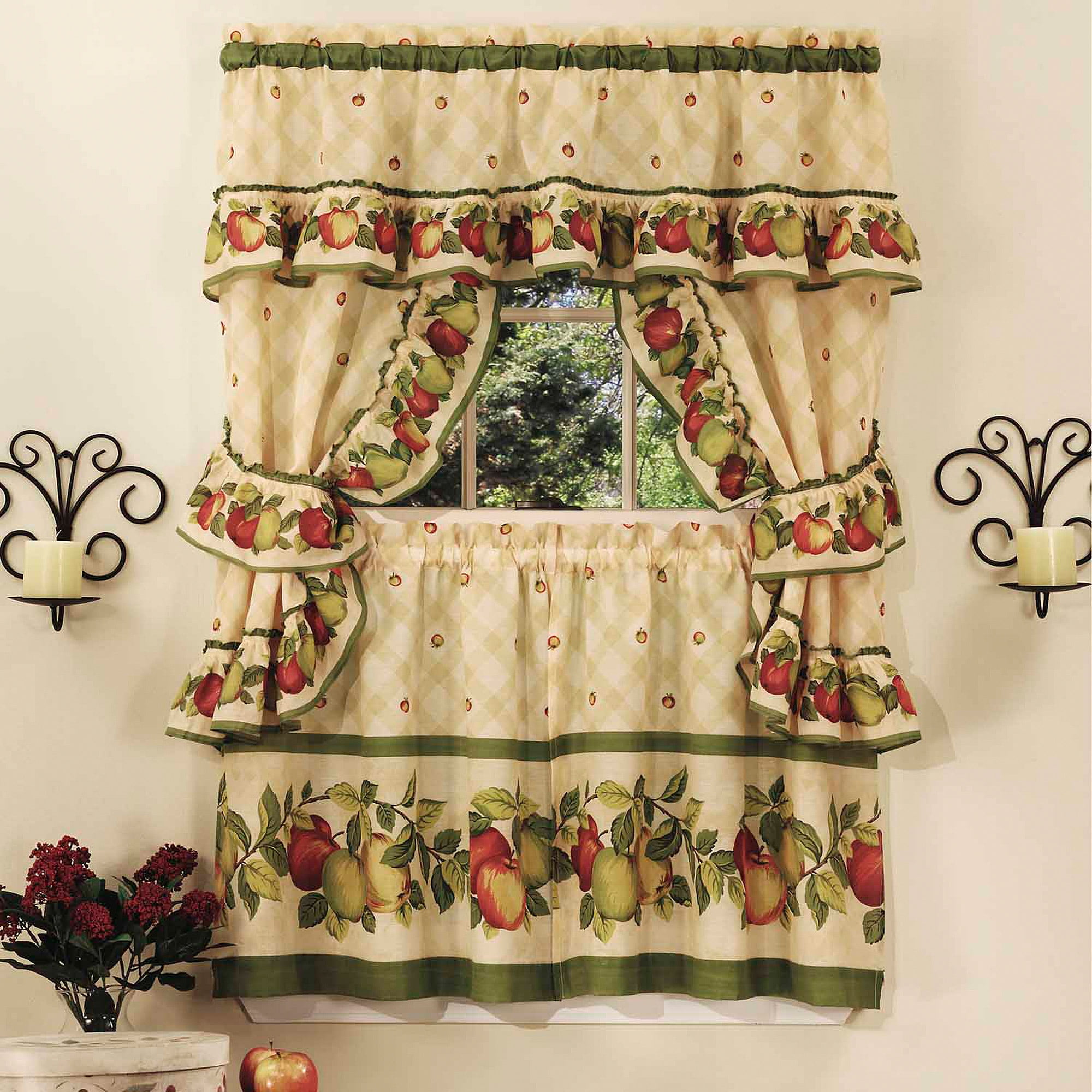 Apple Orchard Cream and Green Ruffled Valance Set