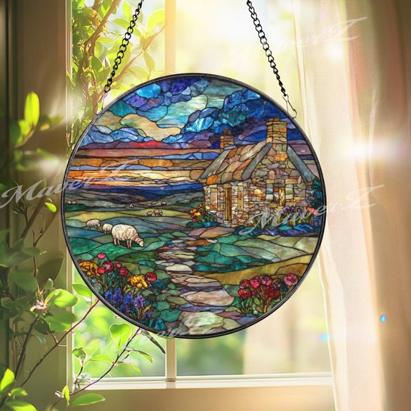 Cottage Landscape Glass Suncatcher, Round Window Hanging Art, 3.5 in