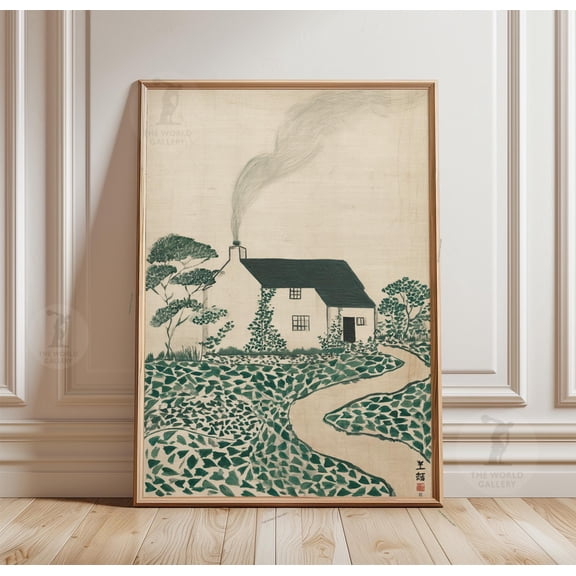 Cottage Landscape Poster, Minimal Rustic House Wall Art, Countryside Nature Print, Poster Only
