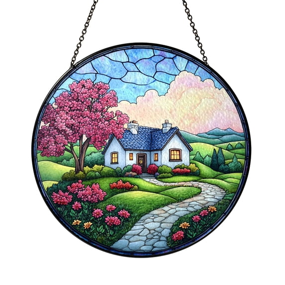 Cottage Landscape Stained Glass Suncatcher – Countryside Window Panel ...